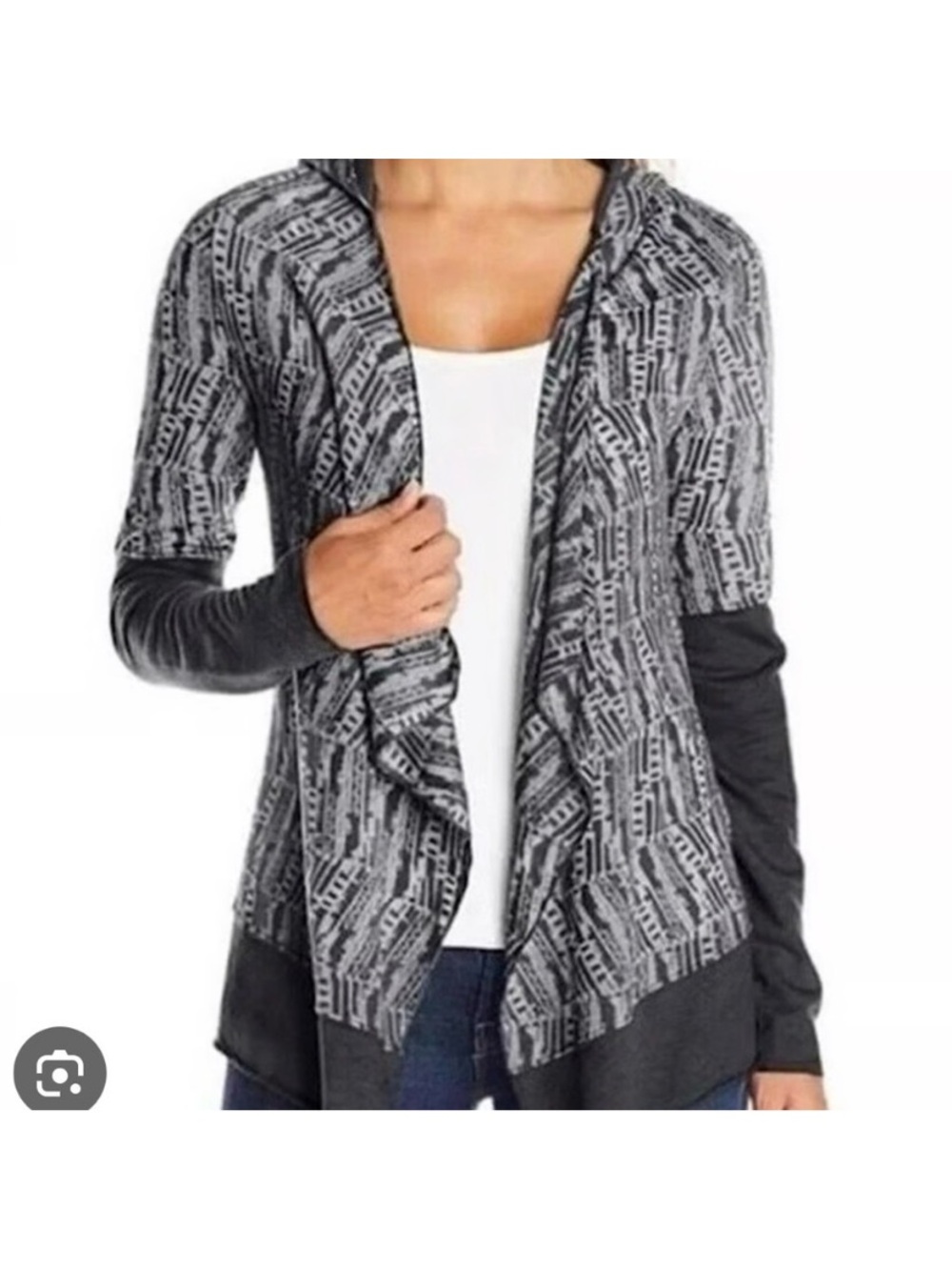 Prana Gray Patterned Open-Front Hooded Cardigan